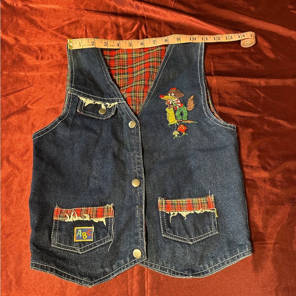Vintage Kids Denim Vest Plaid Lined Embroidered Dog Patchwork Cute